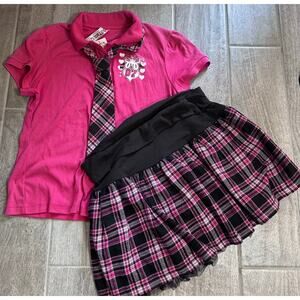 NWT- Girls 20.5 Plus Pink Polo with Tie, Pink/Black Plaid Skirt Set Punk Rock
